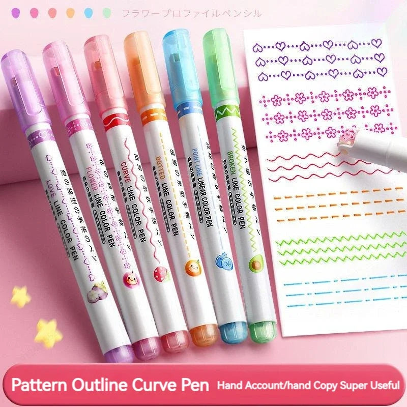 6pcs Flower Curve Highlighter Pen Set (Kawaii Roller Tip Markers)