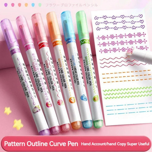 6pcs Flower Curve Highlighter Pen Set (Kawaii Roller Tip Markers)