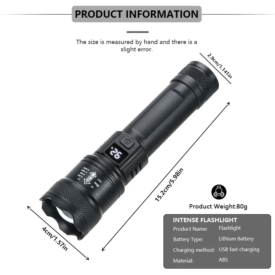 2000LM Tactical LED Flashlight with Display & Power Bank