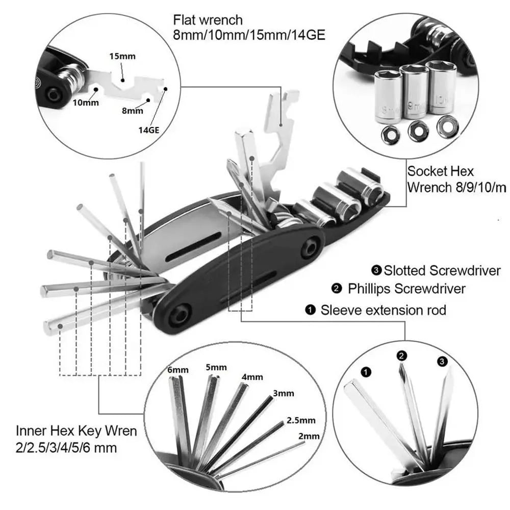 16-in-1 Portable Bicycle Repair Tool Kit – Multi-Function Hex Wrench & Screwdriver Set