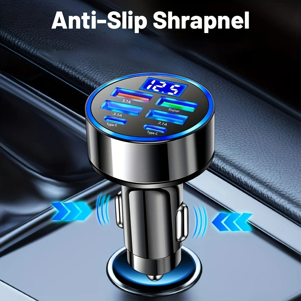 6-in-1 Fast Charging Car Adapter (Dual USB-C & Digital Display Charger)