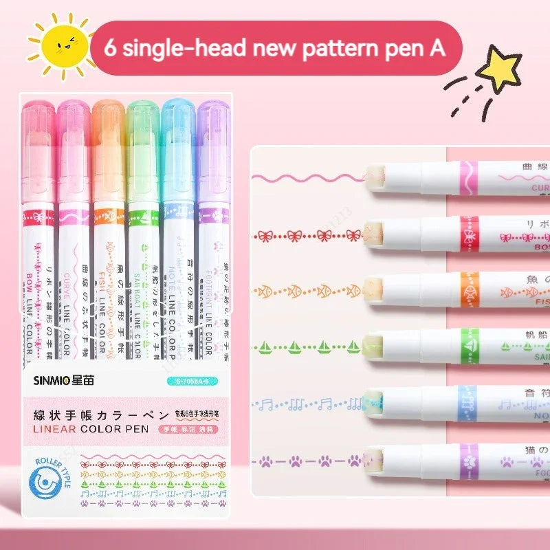 6pcs Flower Curve Highlighter Pen Set (Kawaii Roller Tip Markers)