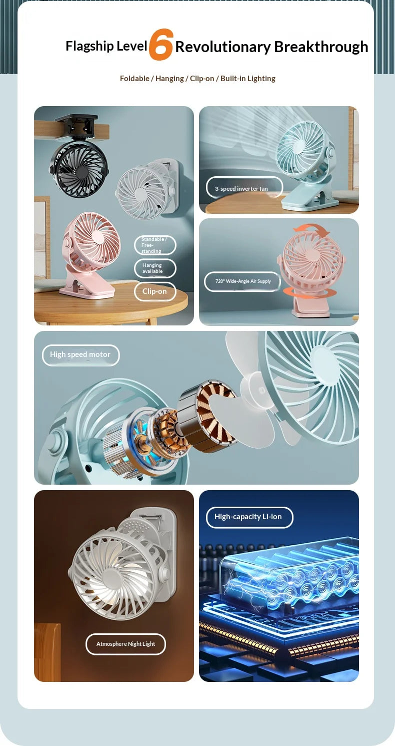 Portable Rechargeable Clip Fan with Night Light