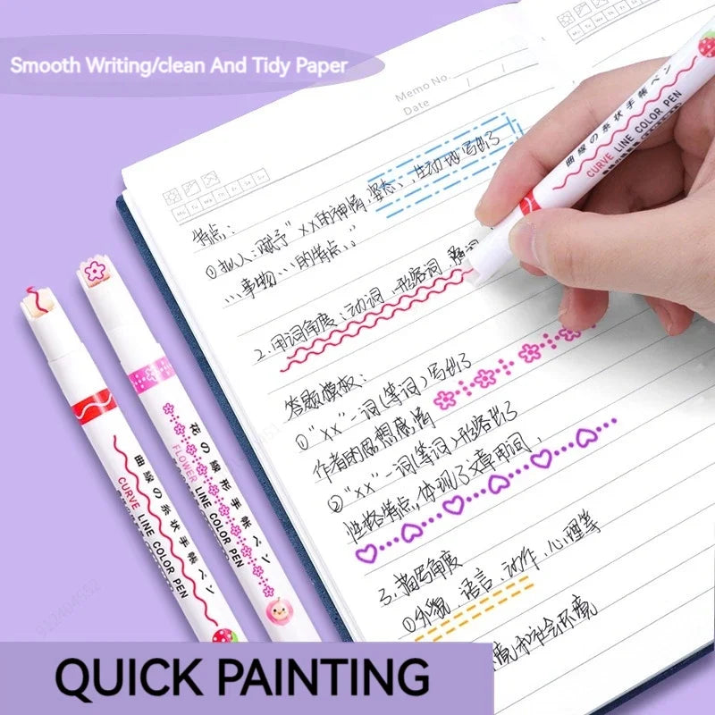 6pcs Flower Curve Highlighter Pen Set (Kawaii Roller Tip Markers)