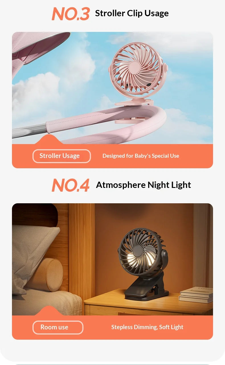 Portable Rechargeable Clip Fan with Night Light