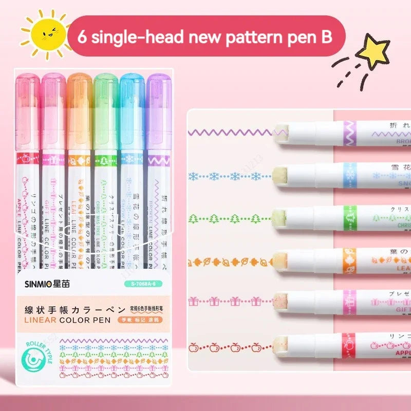 6pcs Flower Curve Highlighter Pen Set (Kawaii Roller Tip Markers)