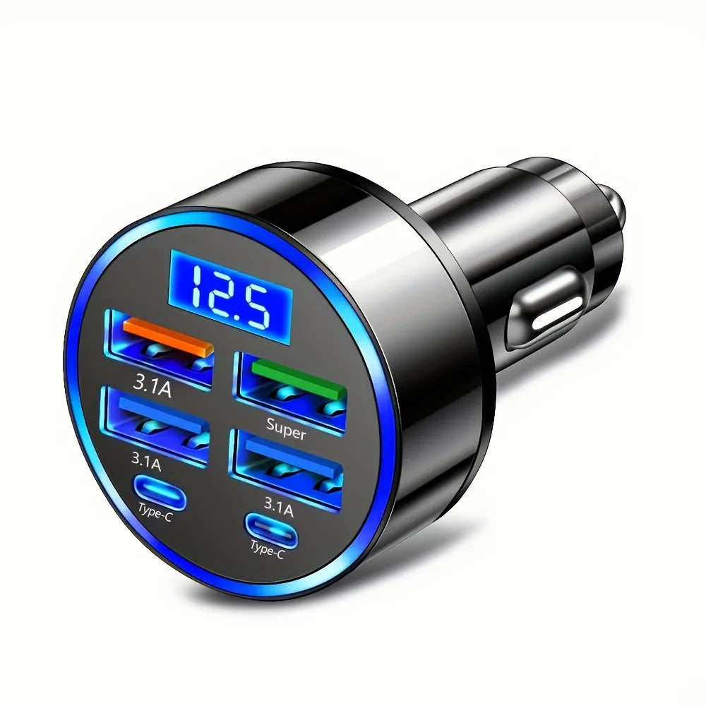 6-in-1 Fast Charging Car Adapter (Dual USB-C & Digital Display Charger)