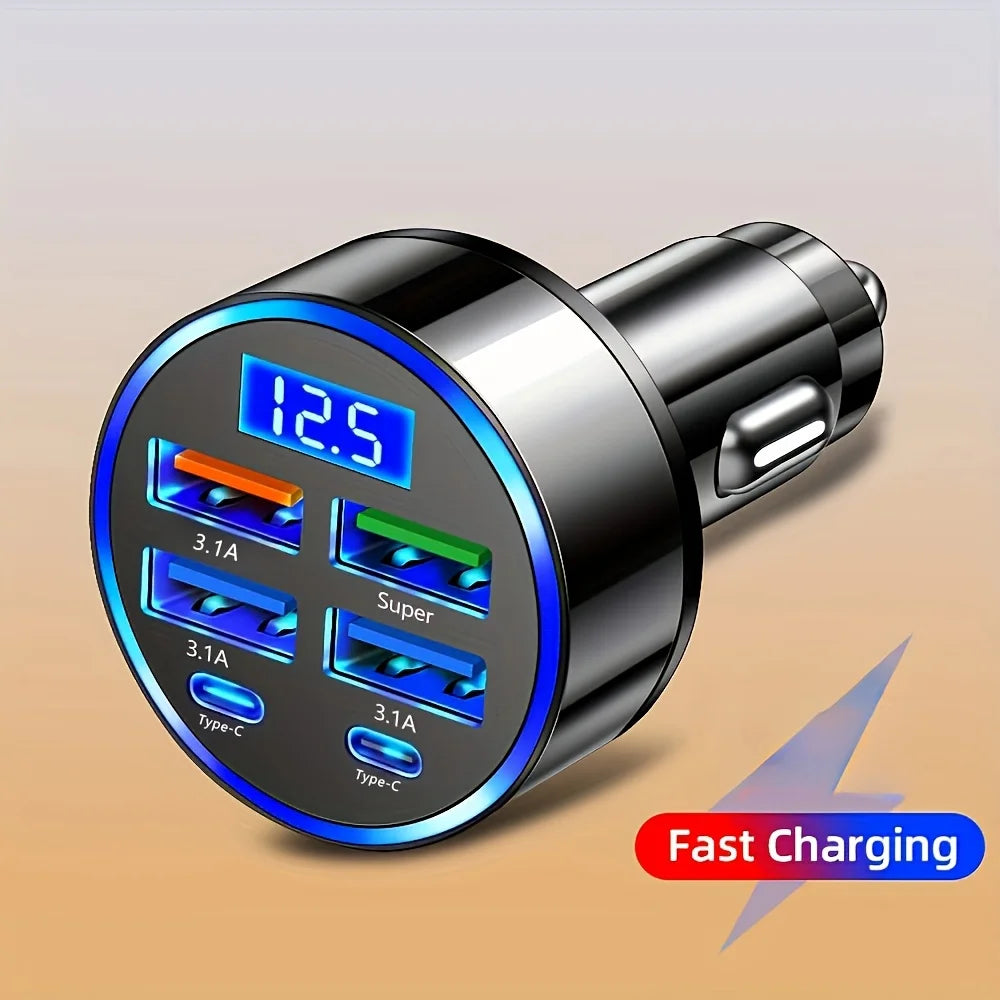 6-in-1 Fast Charging Car Adapter (Dual USB-C & Digital Display Charger)