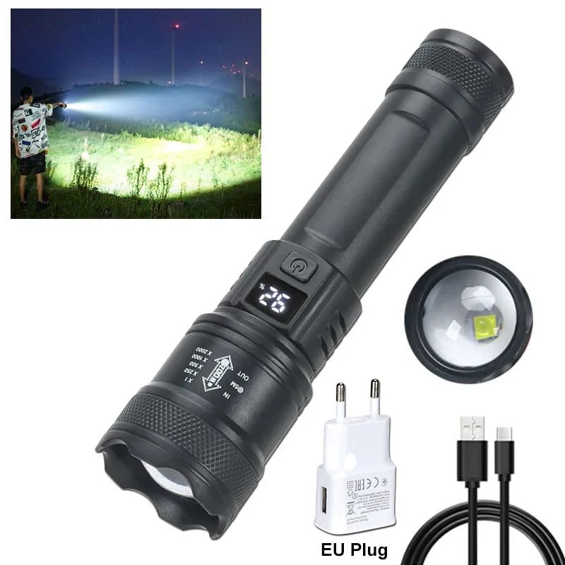 2000LM Tactical LED Flashlight with Display & Power Bank