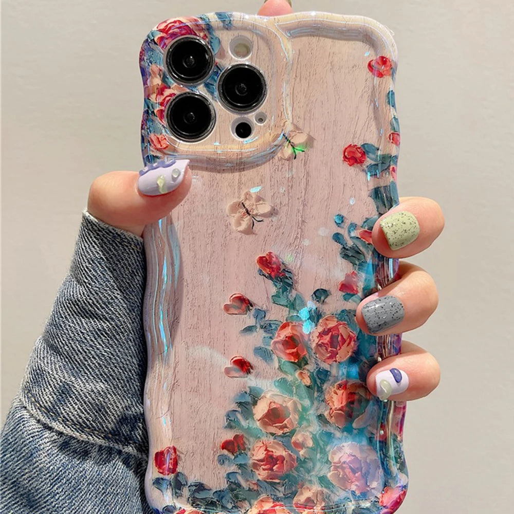 Retro Oil Painting Floral iPhone Case – Shockproof Artistic Silicone Cover