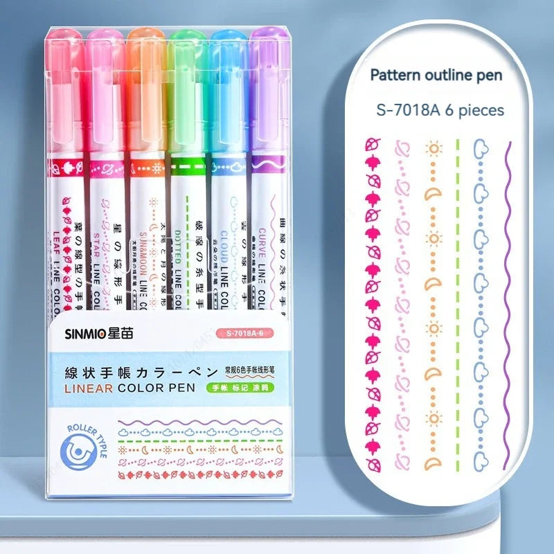 6pcs Flower Curve Highlighter Pen Set (Kawaii Roller Tip Markers)