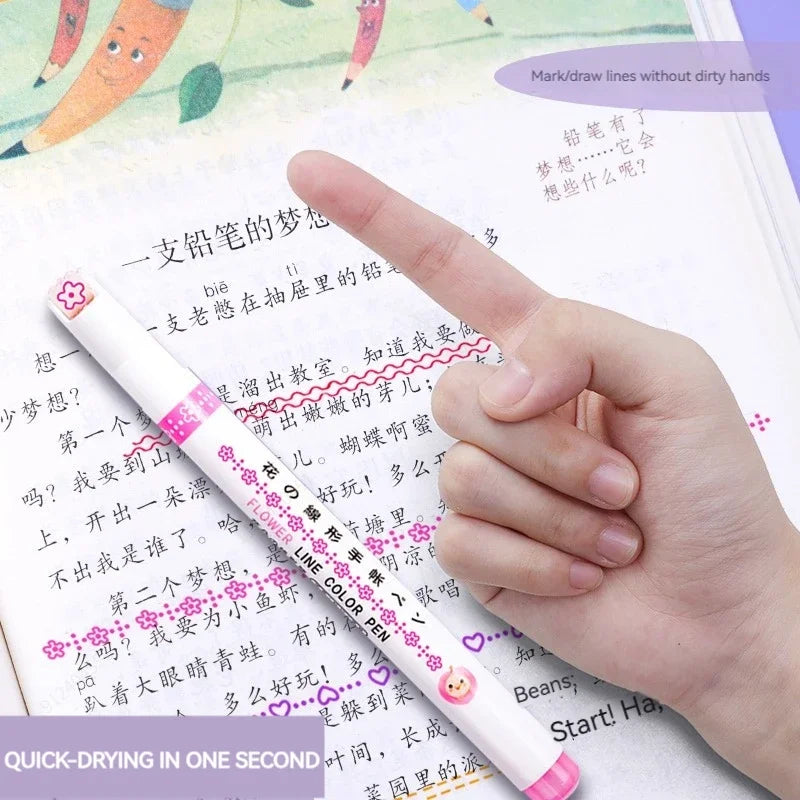 6pcs Flower Curve Highlighter Pen Set (Kawaii Roller Tip Markers)