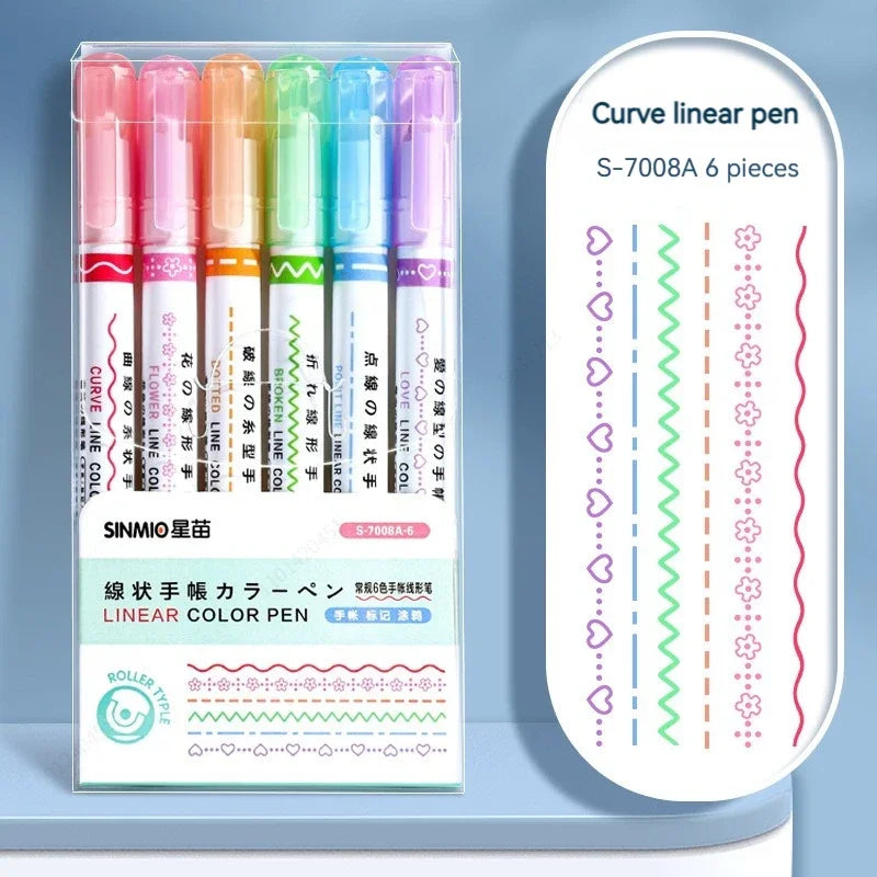 6pcs Flower Curve Highlighter Pen Set (Kawaii Roller Tip Markers)