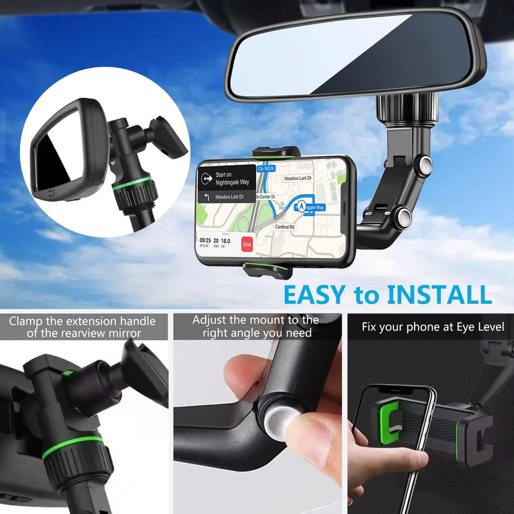 Rearview Mirror Phone Holder 360° Rotatable Car Mount Universal Smartphone Holder
