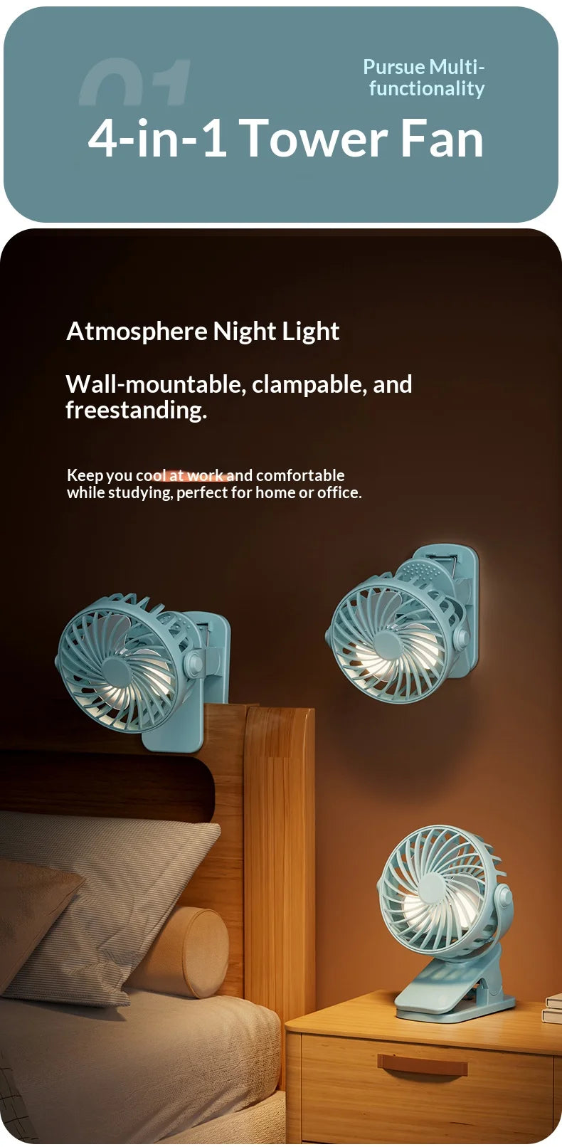 Portable Rechargeable Clip Fan with Night Light
