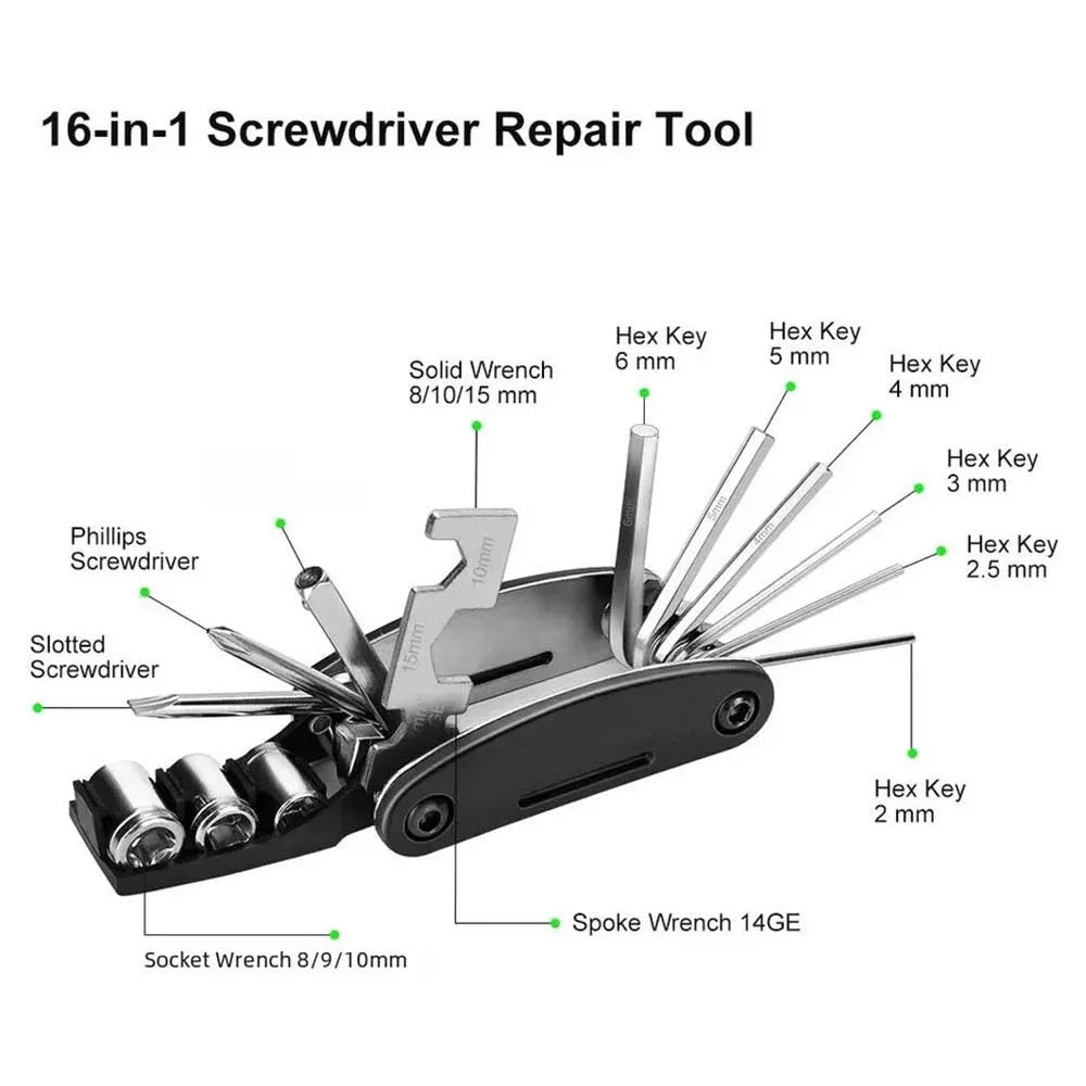 16-in-1 Portable Bicycle Repair Tool Kit – Multi-Function Hex Wrench & Screwdriver Set