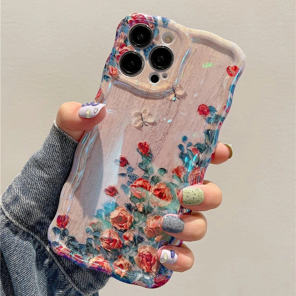 Retro Oil Painting Floral iPhone Case – Shockproof Artistic Silicone Cover