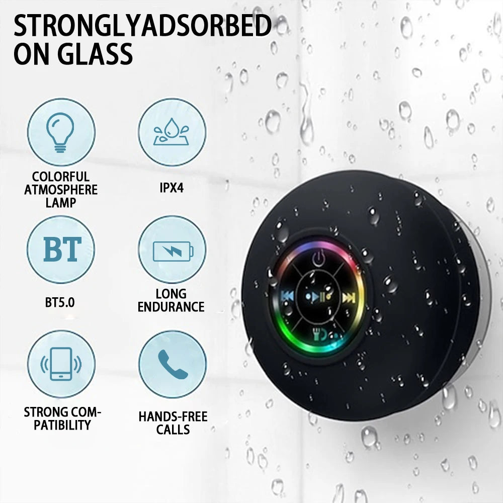 Portable Waterproof Bluetooth Speaker with LED Light & Suction Cup