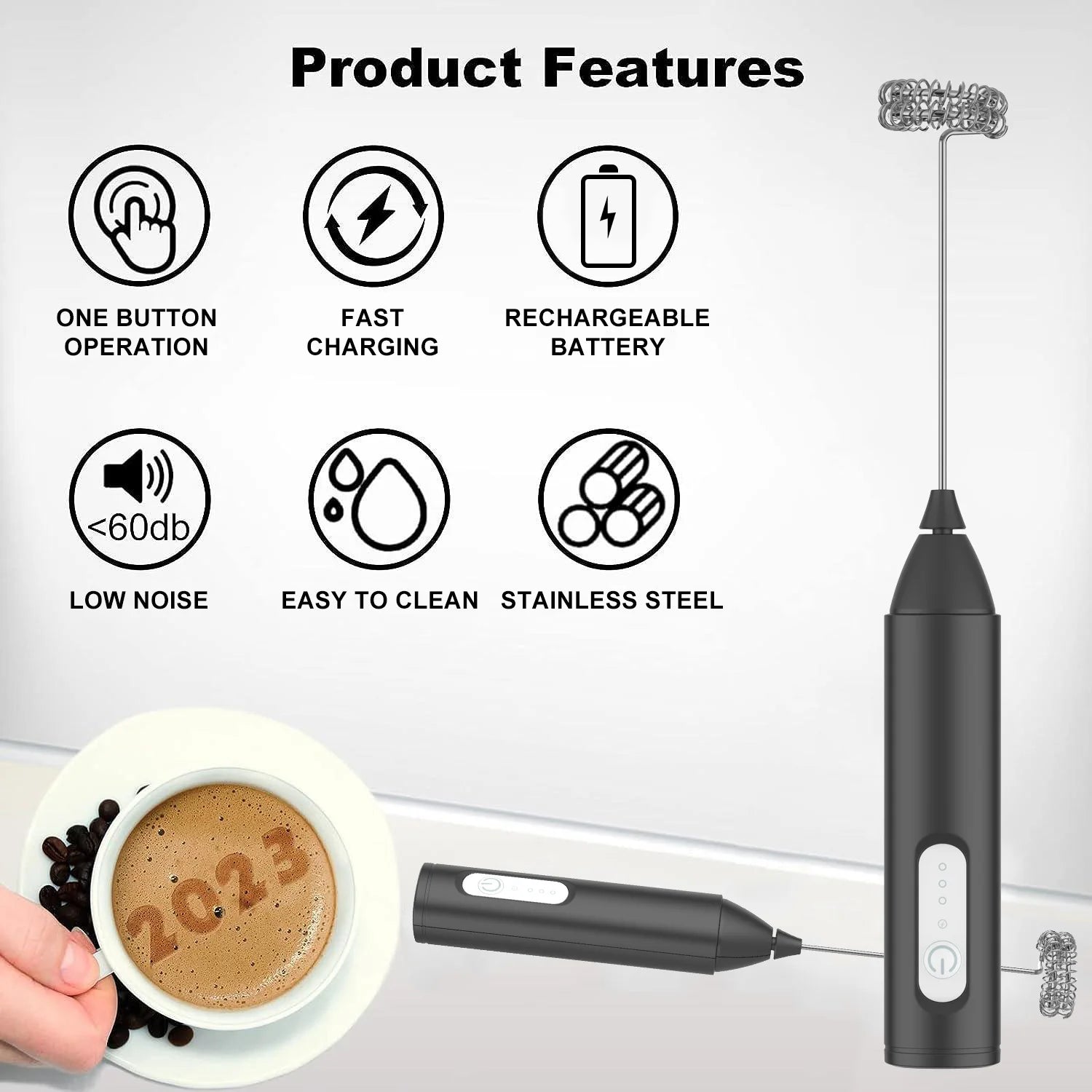 USB Rechargeable Milk Frother – 3 Speed Electric Coffee Whisk Foam Maker