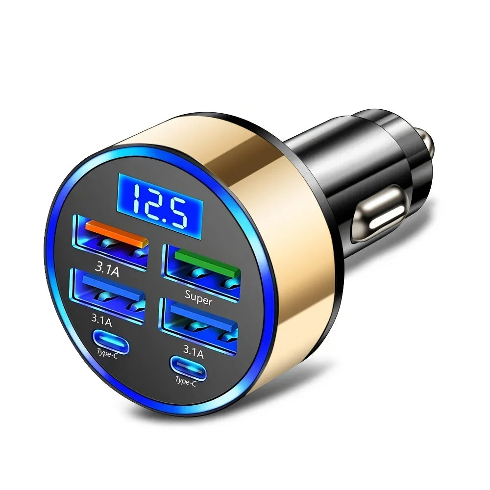 6-in-1 Fast Charging Car Adapter (Dual USB-C & Digital Display Charger)