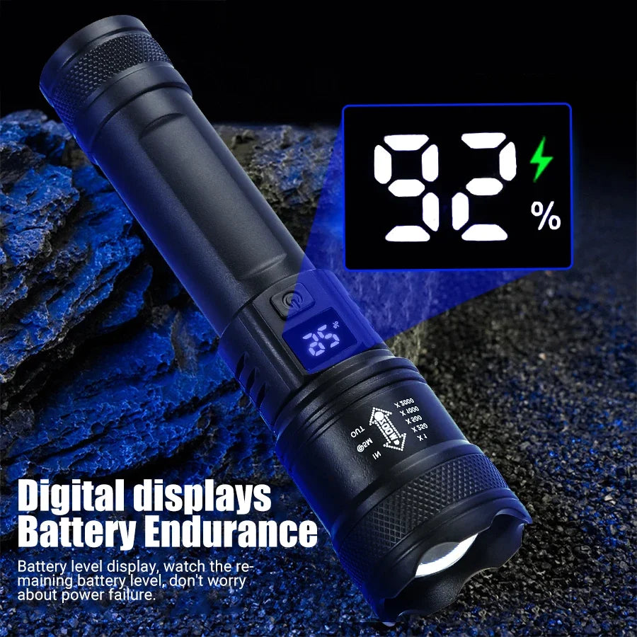 2000LM Tactical LED Flashlight with Display & Power Bank