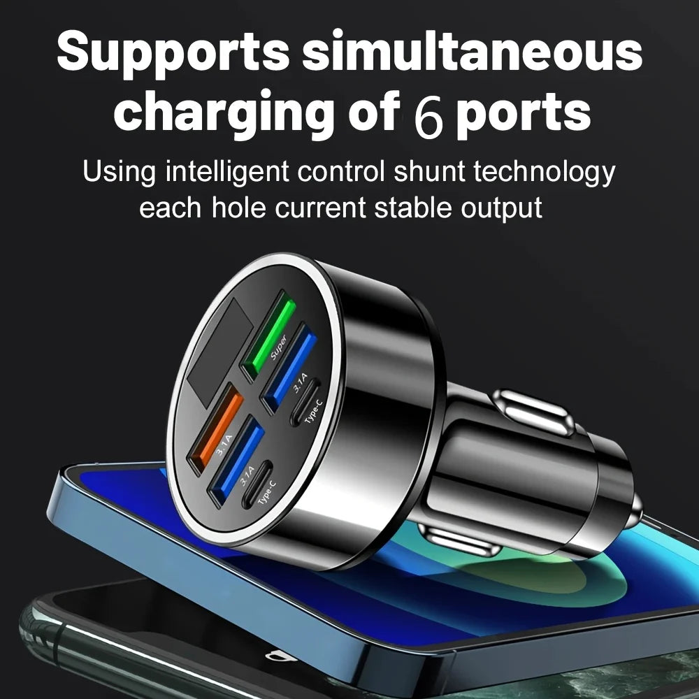 6-in-1 Fast Charging Car Adapter (Dual USB-C & Digital Display Charger)