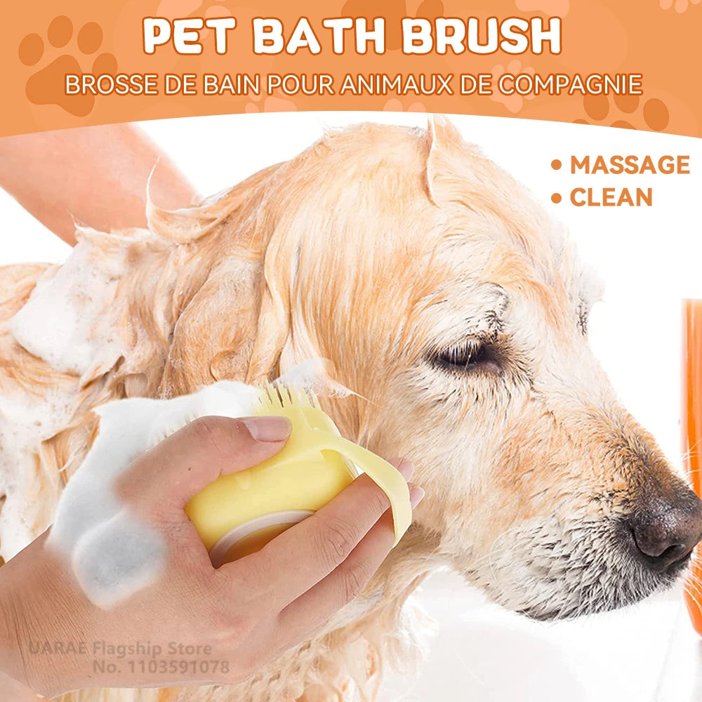 Pet Bath Brush with Shampoo Dispenser – Silicone Dog & Cat Grooming Massage Tool