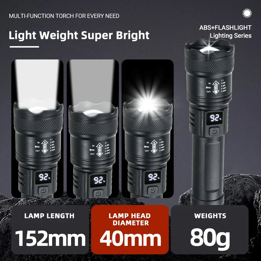 2000LM Tactical LED Flashlight with Display & Power Bank