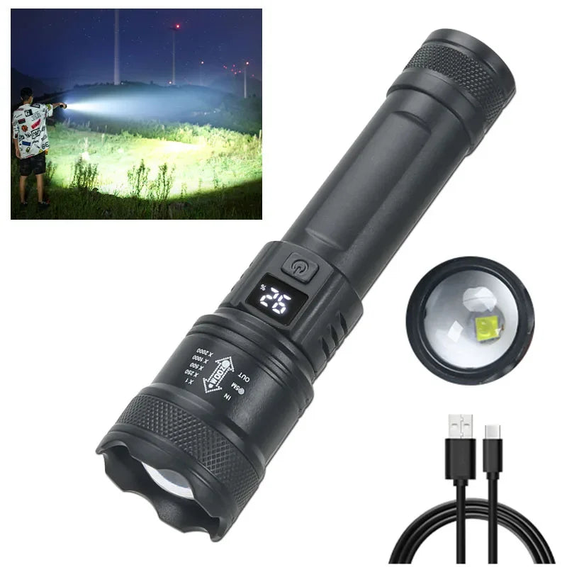 2000LM Tactical LED Flashlight with Display & Power Bank