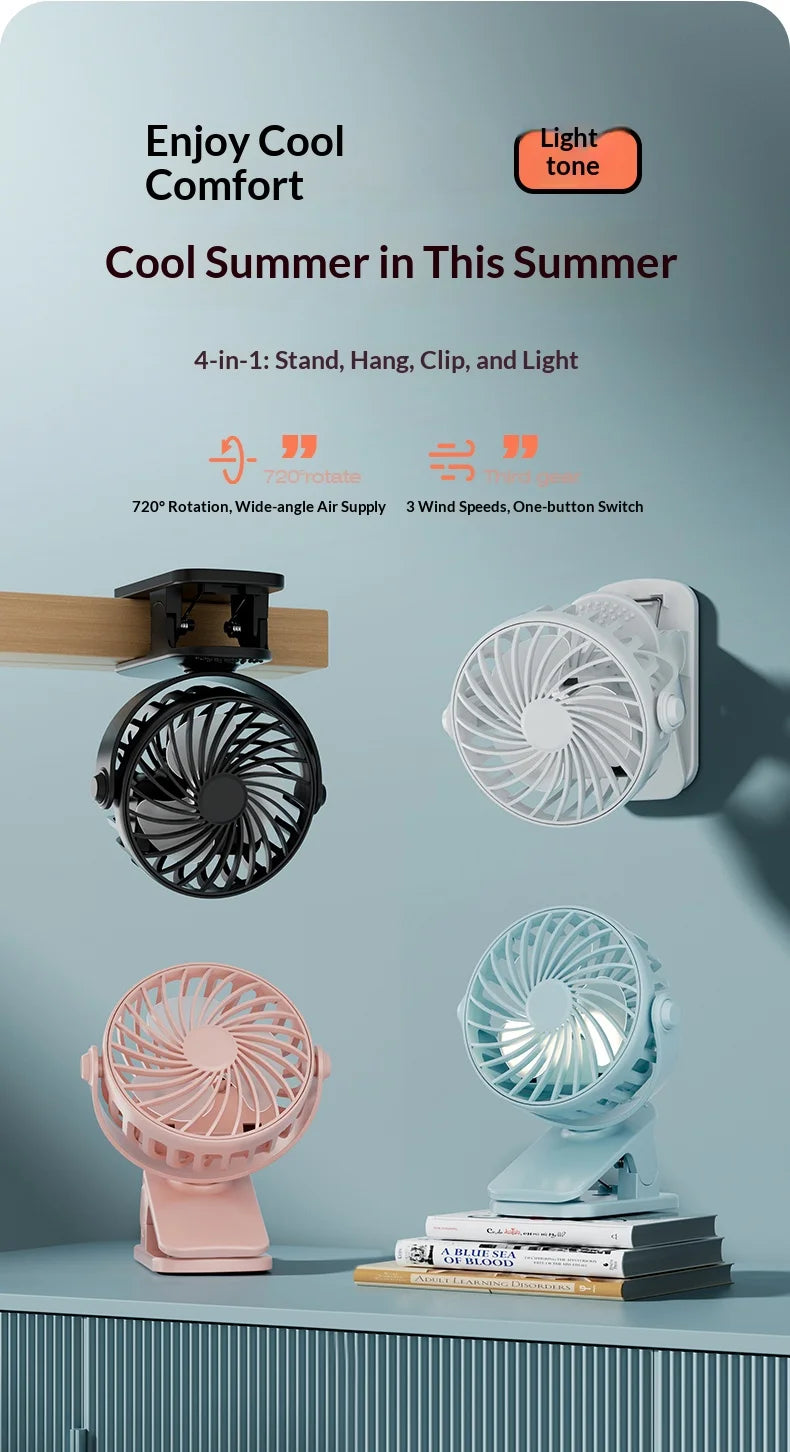 Portable Rechargeable Clip Fan with Night Light