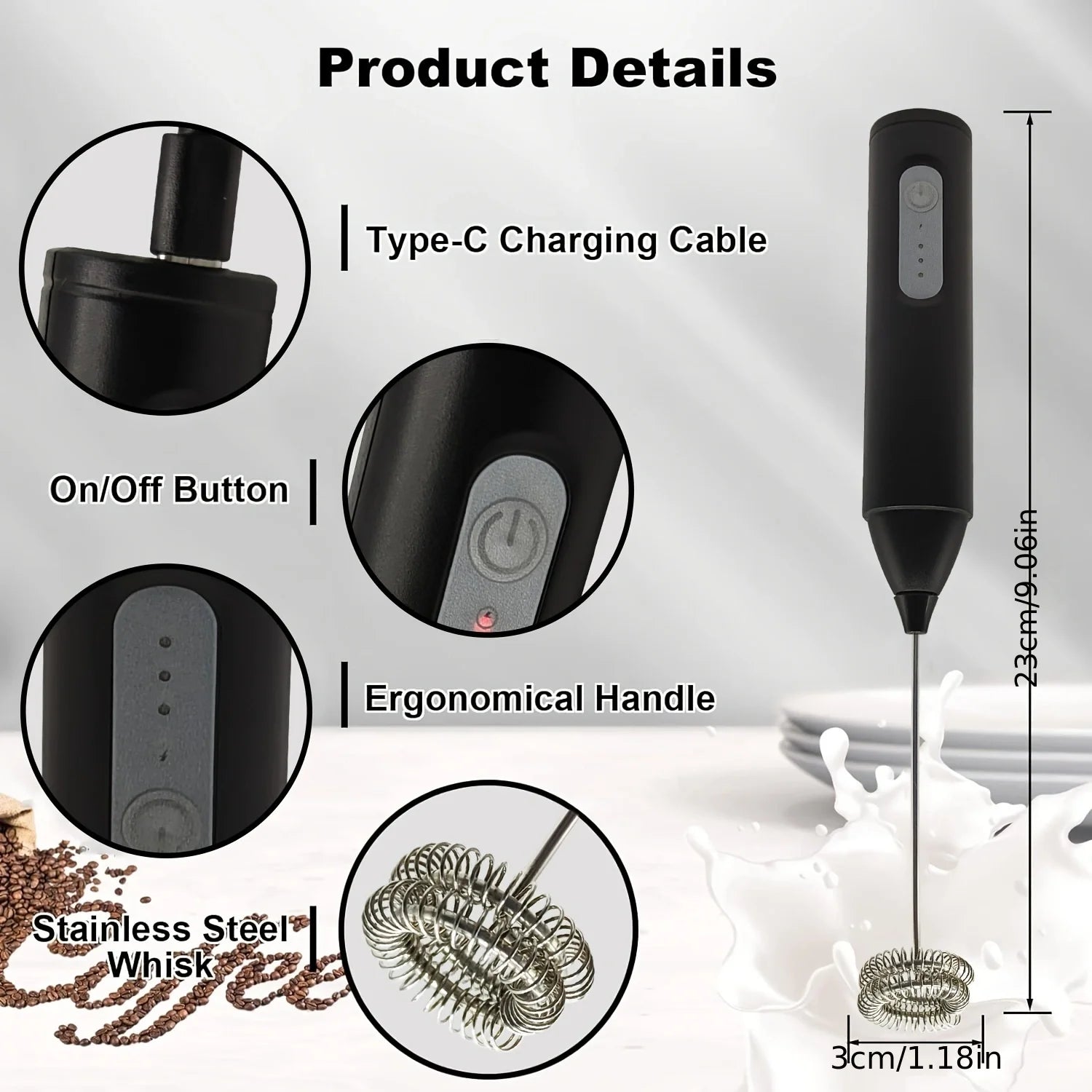 USB Rechargeable Milk Frother – 3 Speed Electric Coffee Whisk Foam Maker